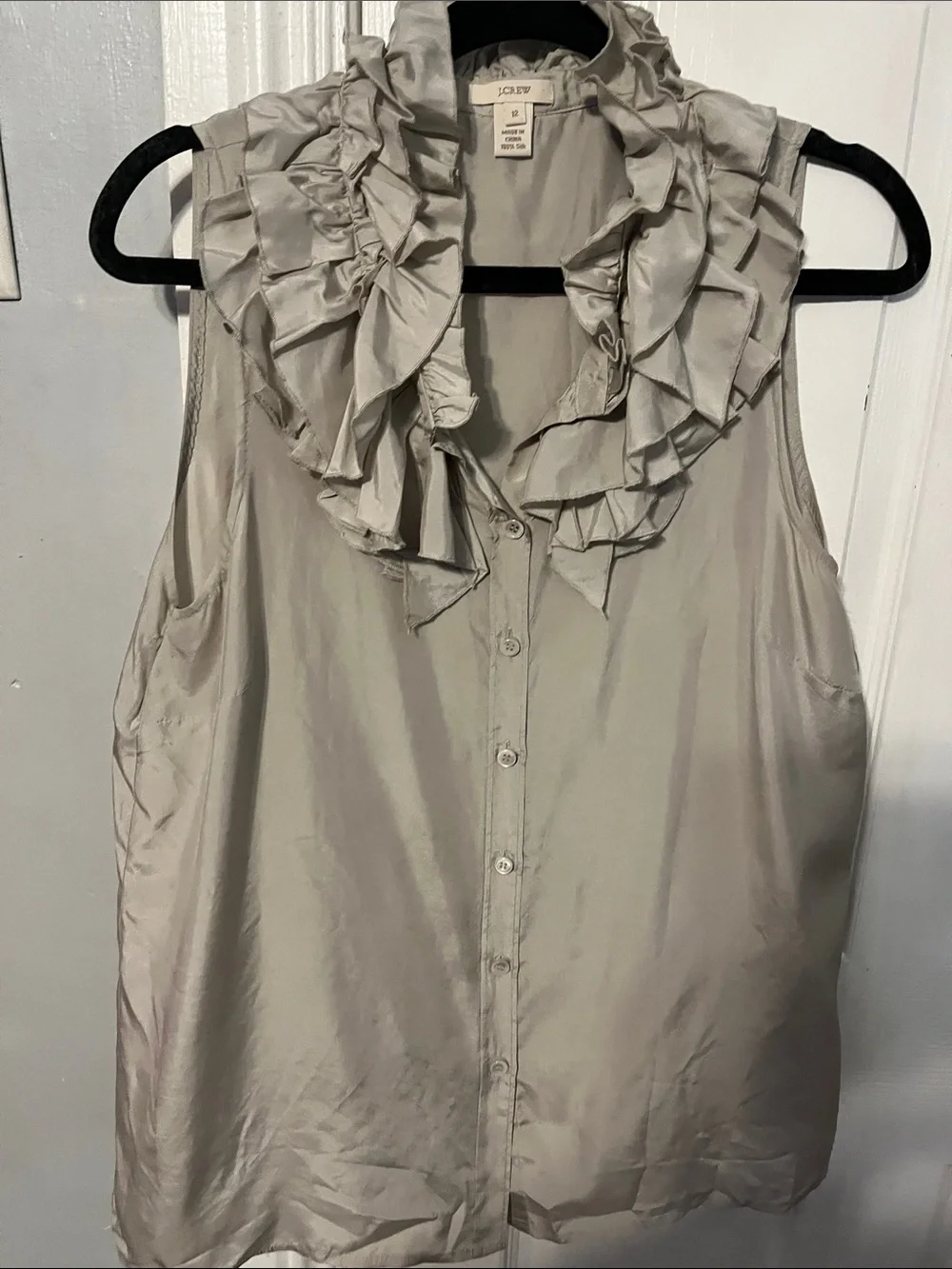 J. Crew 100% Silk Calista Ruffle-Trim Sleeveless Button Front Top in Aluminum
